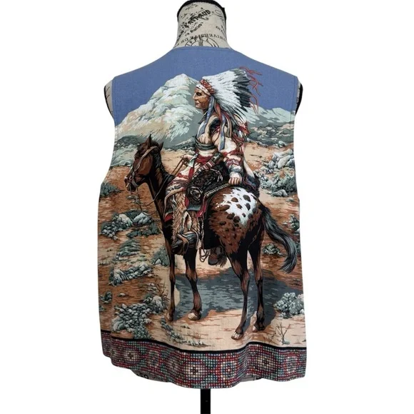 Vintage 80s Handmade Native American Themed Vest with Horse and Buffalo - Picture 3 of 7